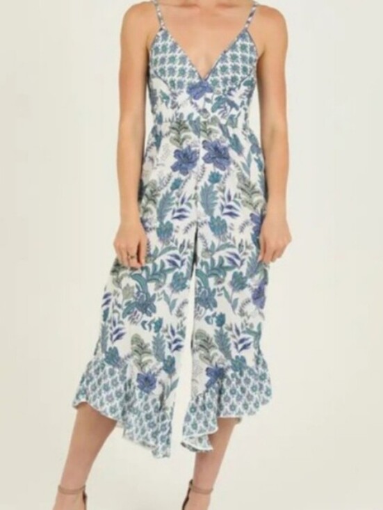 Angie Pants - Angie Blue & White Floral V-Neck Wide-Leg Jumpsuit